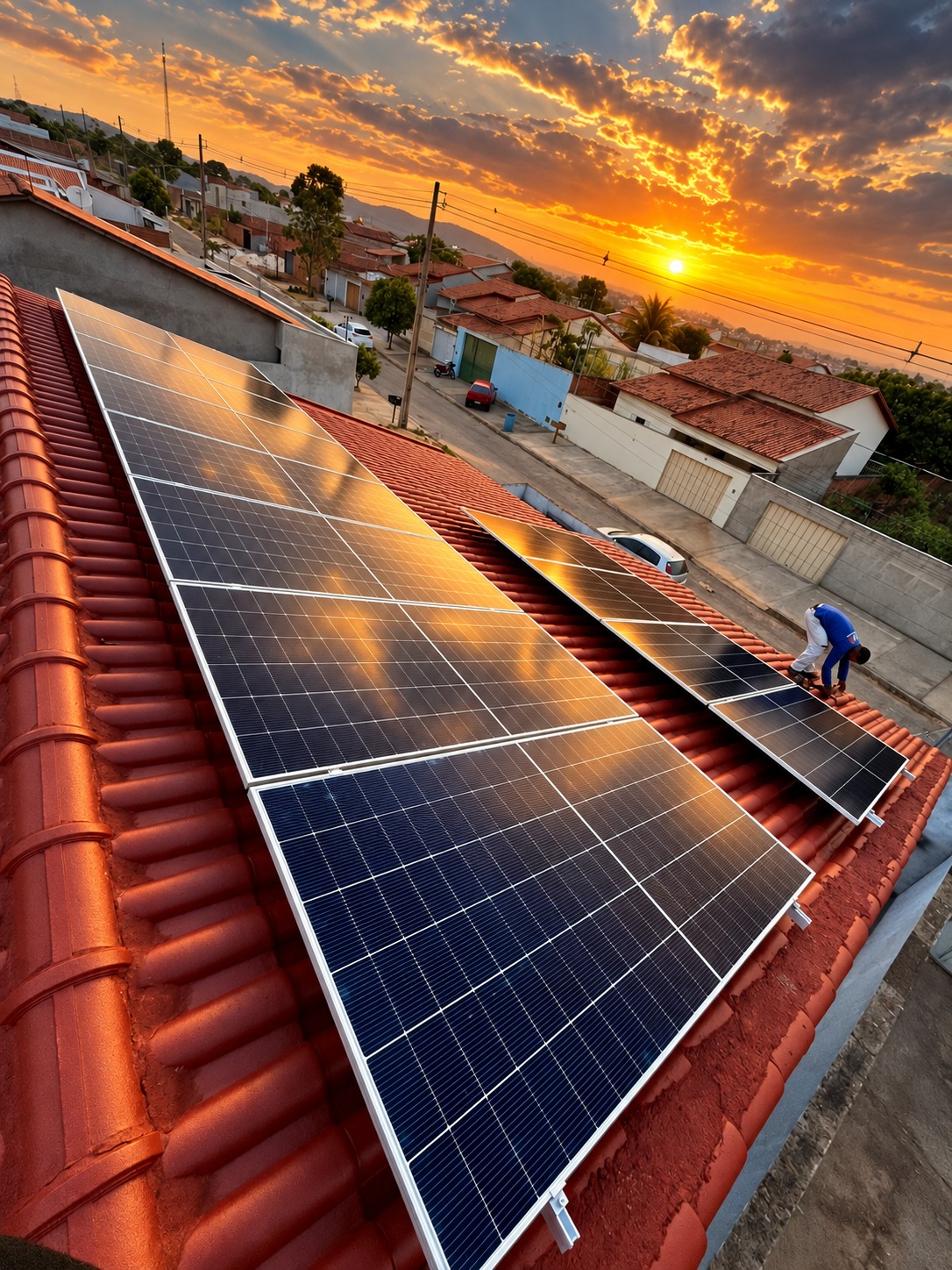Casa com sistema fotovoltaico instalado ao entardecer